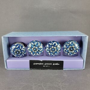 Home Essentials Drawer Pull Knobs Round Blue Black White Silver Floral Set of 4